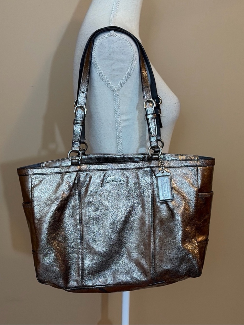 Coach Gallery F17721 Metallic Silver Leather Medium East West Tote Shoulder Bag
